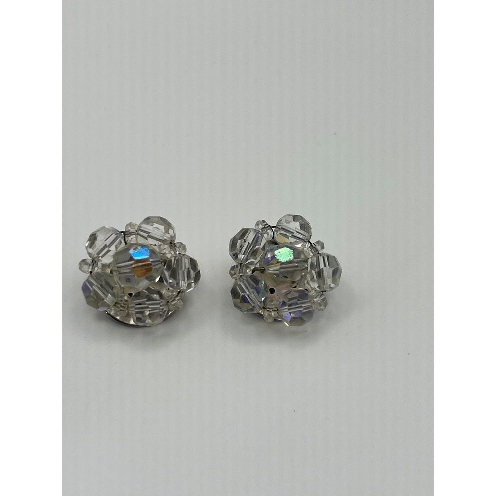 Vintage Aurora Borealis Crystal Cluster Clip On Earrings Iridescent Silver Tone - Picture 2 of 11